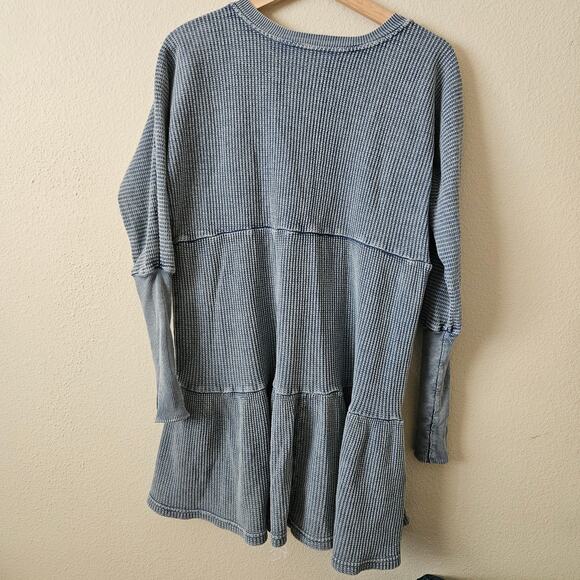 Free People One Jolene Blue Thermal Waffle Knit Tiered Long Sleeve Mini Dress M - Picture 2 of 7